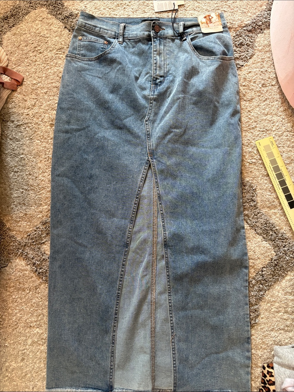 Sincerely Jules Blue Denim Straight Leg Jeans Skirt with Front Slit